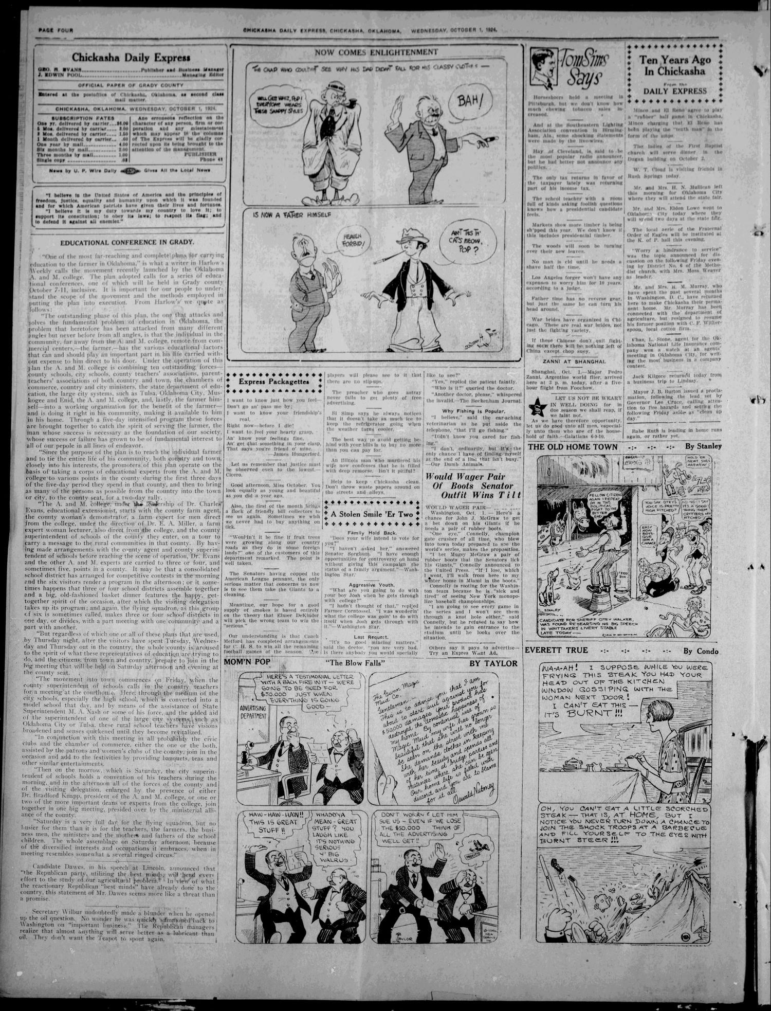 Chickasha Daily Express (Chickasha, Okla.), Vol. 25, No. 142, Ed. 1 Wednesday, October 1, 1924
                                                
                                                    [Sequence #]: 4 of 8
                                                