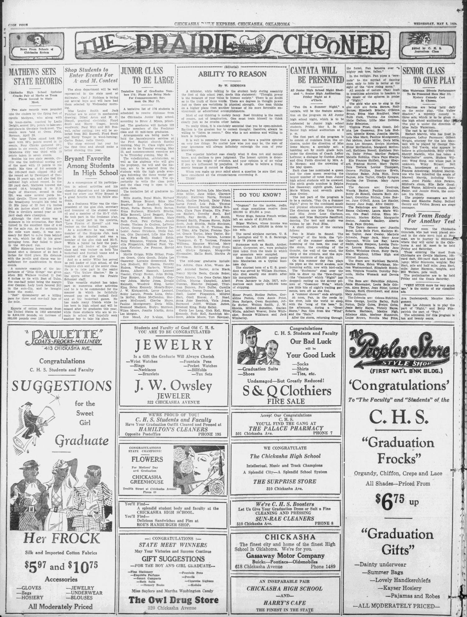 Chickasha Daily Express (Chickasha, Okla.), Vol. 34, No. 86, Ed. 1 Wednesday, May 3, 1933
                                                
                                                    [Sequence #]: 4 of 8
                                                