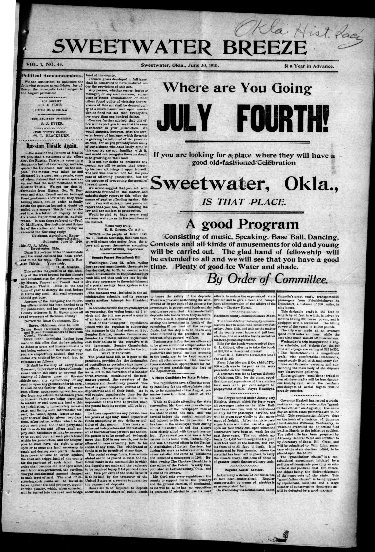 Sweetwater Breeze (Sweetwater, Okla.), Vol. 1, No. 44, Ed. 1 Thursday, June 30, 1910
                                                
                                                    [Sequence #]: 1 of 8
                                                