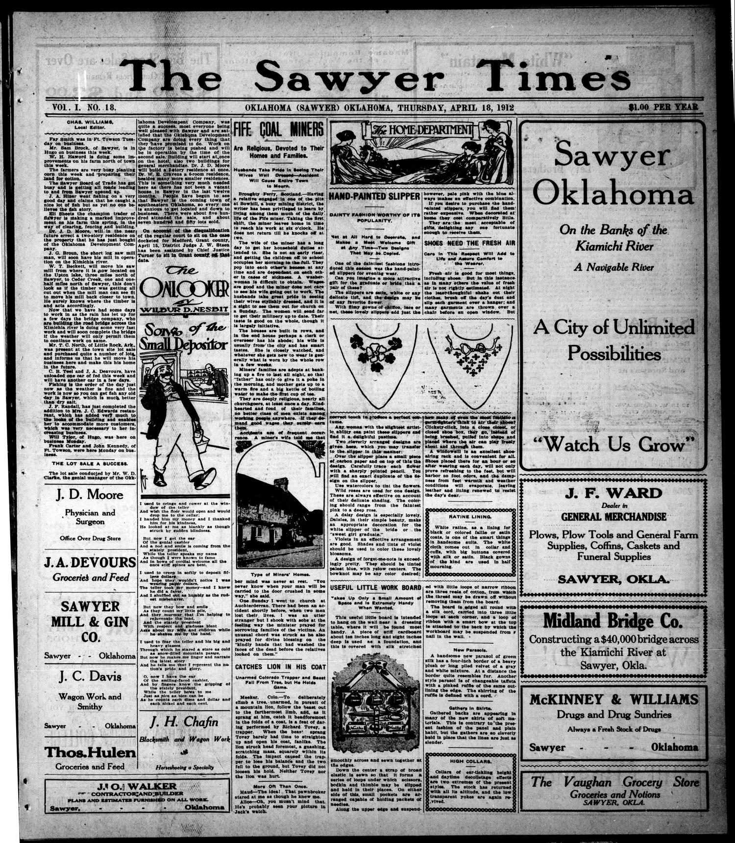 The Sawyer Times (Sawyer, Okla.), Vol. 1, No. 18, Ed. 1 Thursday, April 18, 1912
                                                
                                                    [Sequence #]: 1 of 8
                                                
