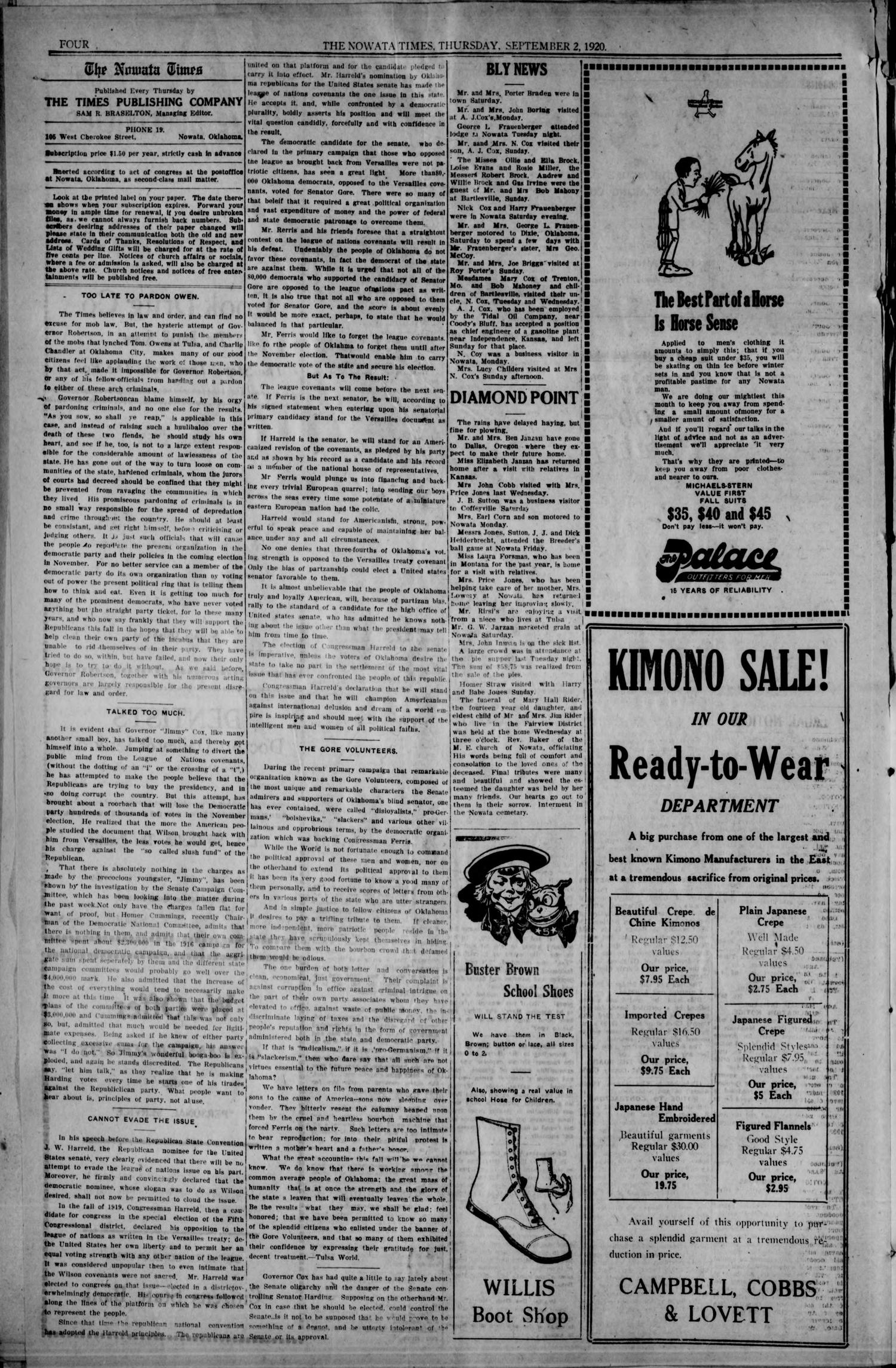The Nowata Times (Nowata, Okla.), Vol. 15, No. 20, Ed. 1 Thursday, September 2, 1920
                                                
                                                    [Sequence #]: 4 of 8
                                                