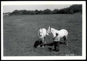 Primary view of object titled 'Oscar Adams With Two of His Horses on His Excellent Improved Pasture of Various Grasses and Legumes'.