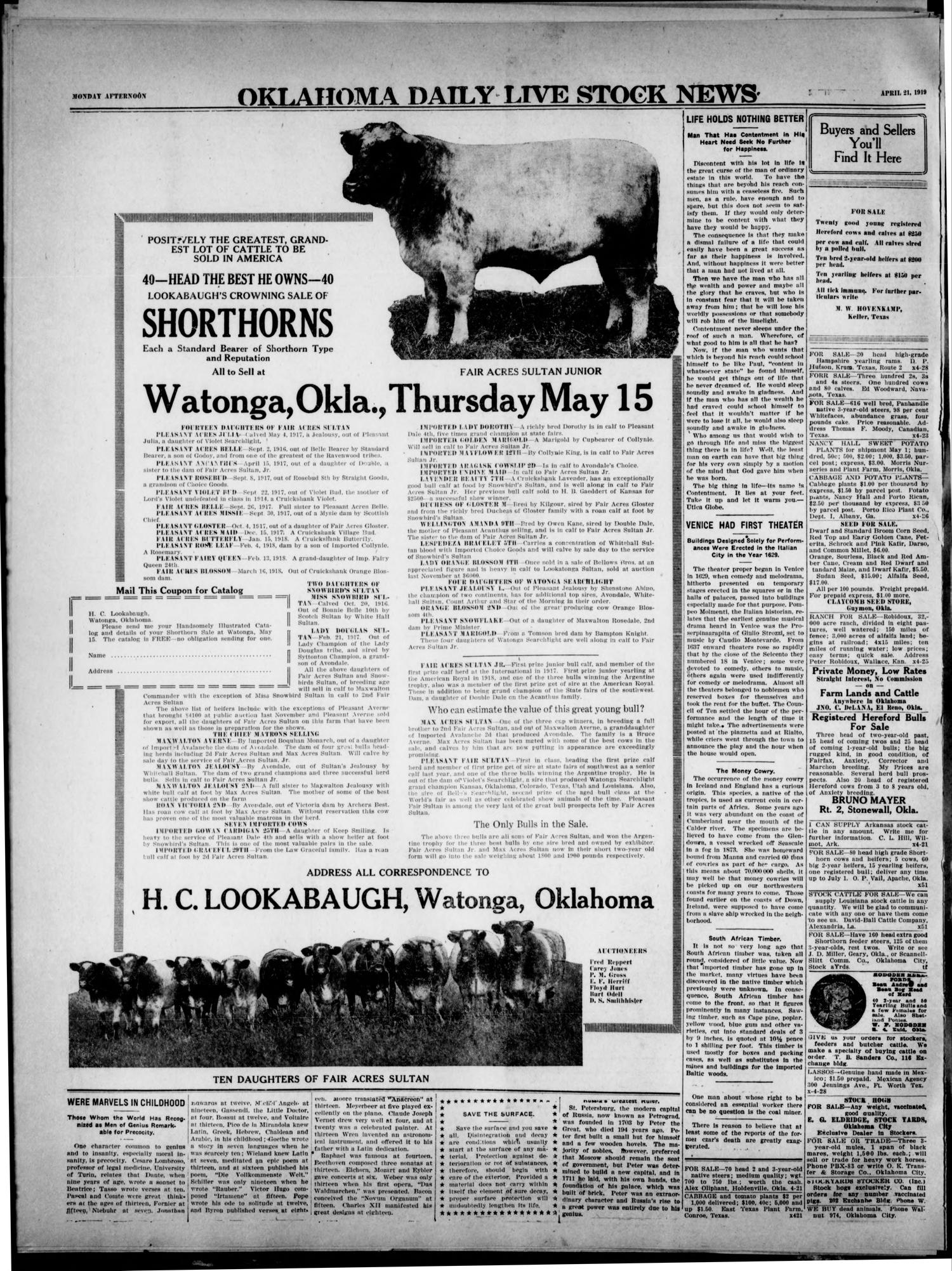 Oklahoma Daily Live Stock News (Oklahoma City, Okla.), Vol. 10, No. 6, Ed. 1 Monday, April 21, 1919
                                                
                                                    [Sequence #]: 4 of 4
                                                