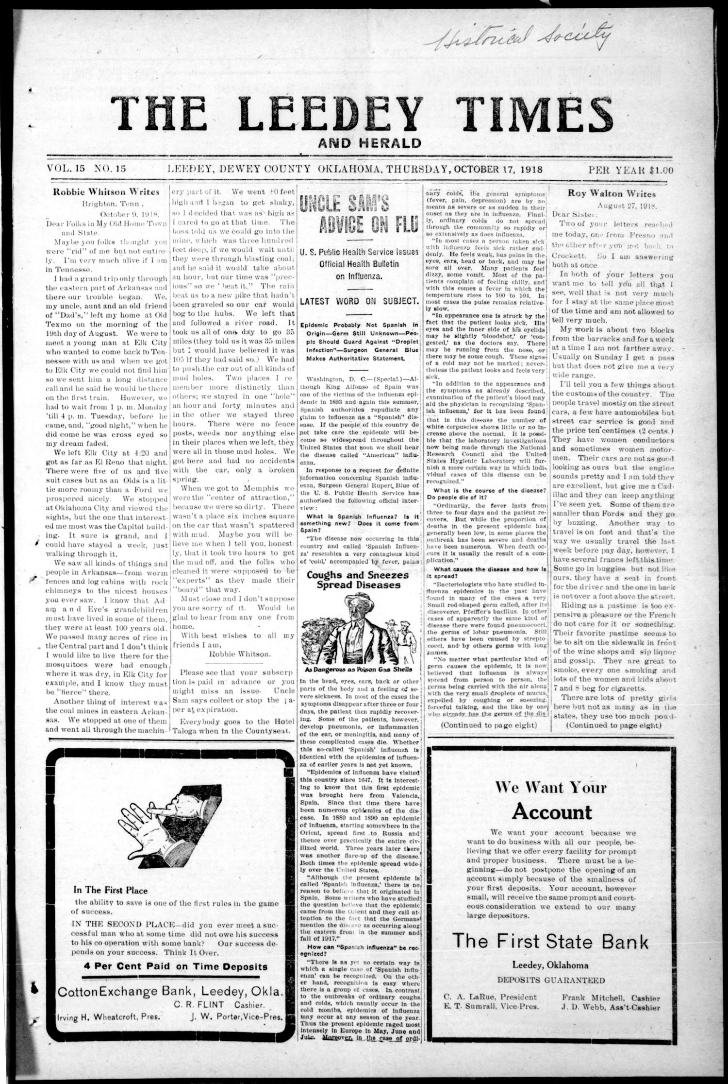 The Leedey Times and Herald (Leedey, Okla.), Vol. 15, No. 15, Ed. 1 Thursday, October 17, 1918
                                                
                                                    [Sequence #]: 1 of 8
                                                