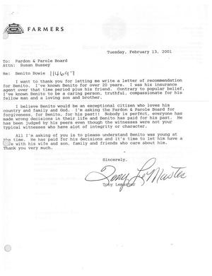 Letter to Susan Bussey regarding Benito Bowie