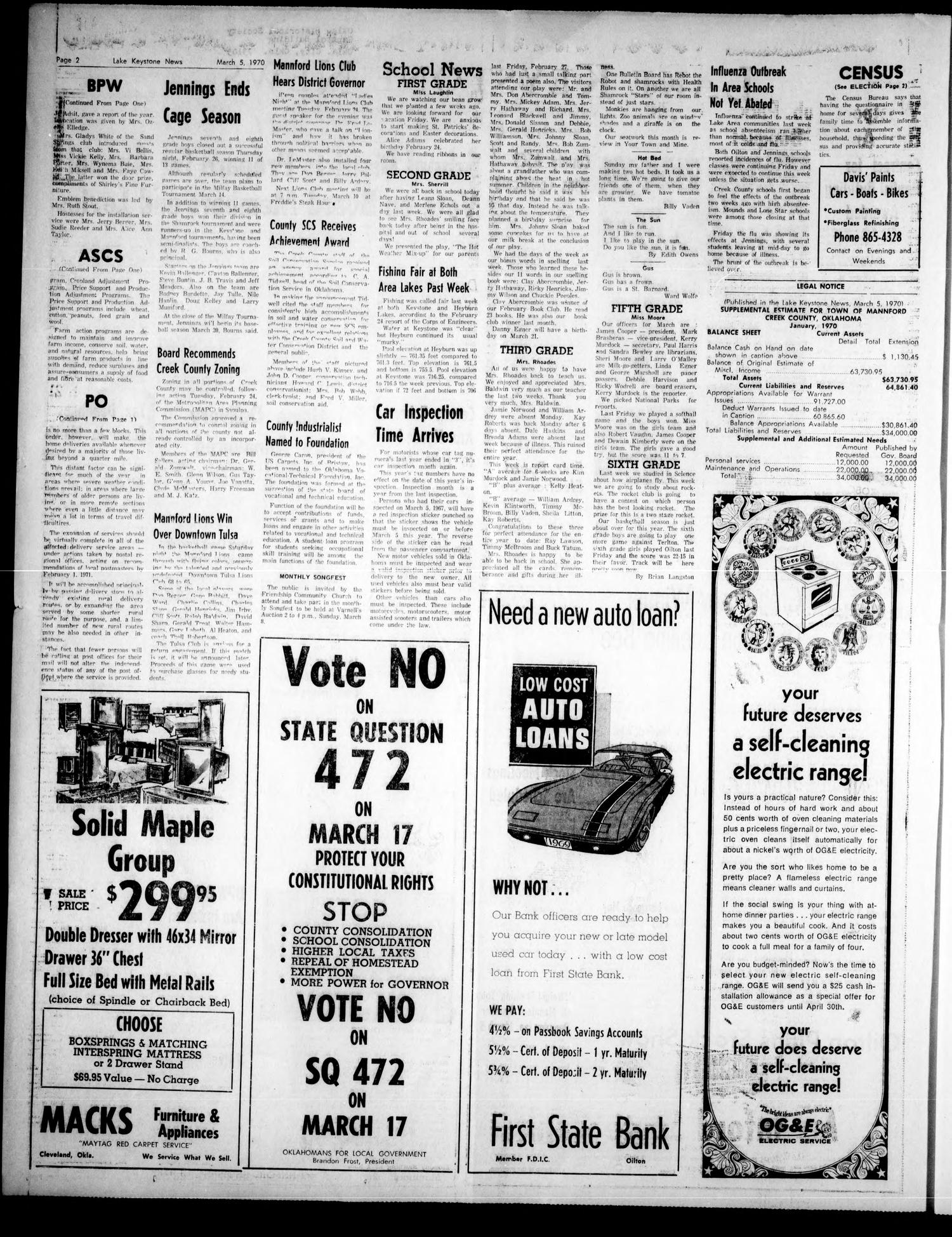 Lake Keystone News (Mannford, Okla.), Vol. 11, No. 10, Ed. 1 Thursday, March 5, 1970
                                                
                                                    [Sequence #]: 2 of 6
                                                