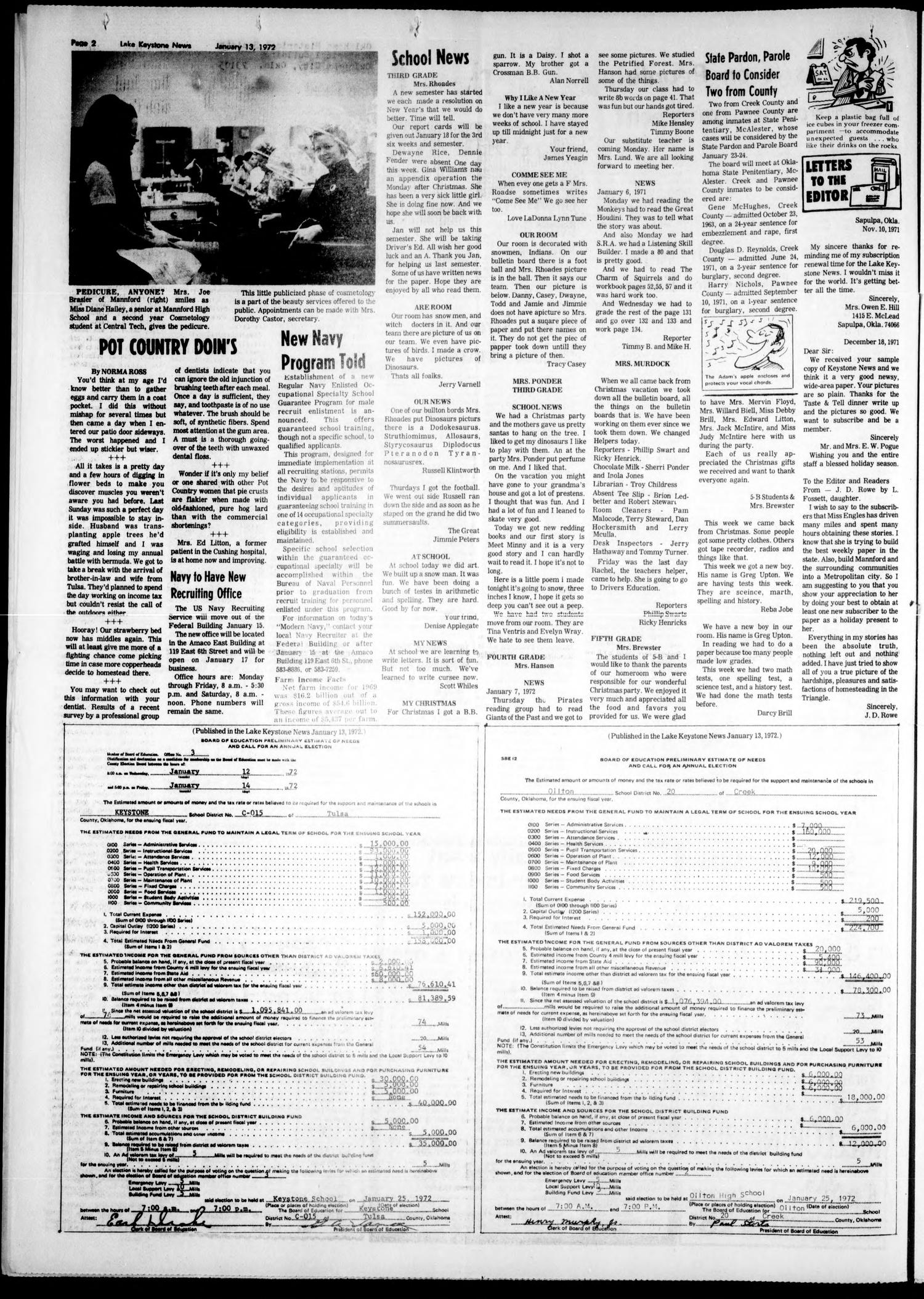 Lake Keystone News (Mannford, Okla.), Vol. 13, No. 3, Ed. 1 Wednesday, January 13, 1971
                                                
                                                    [Sequence #]: 2 of 8
                                                