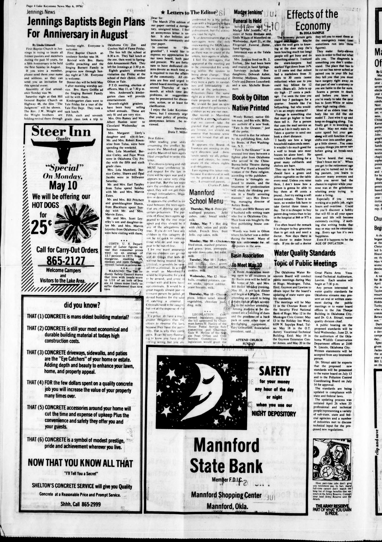 Lake Keystone News (Mannford, Okla.), Vol. [17], No. 20, Ed. 1 Thursday, May 6, 1976
                                                
                                                    [Sequence #]: 4 of 8
                                                