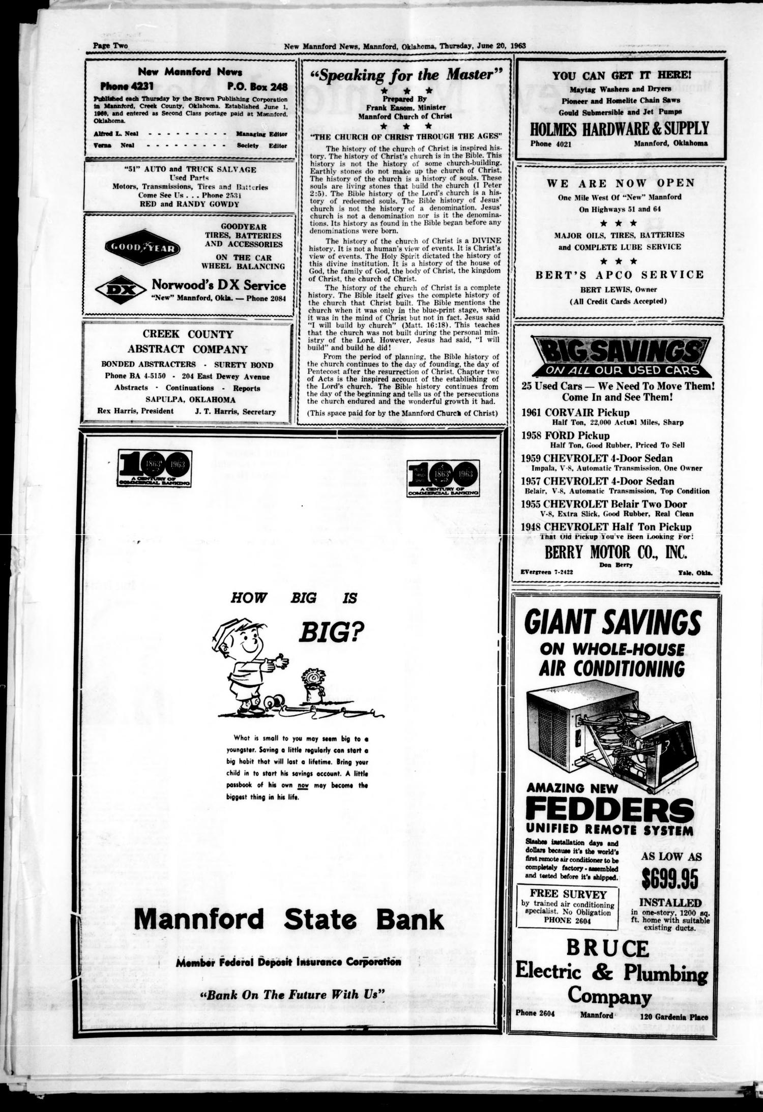 New Mannford News (Mannford, Okla.), Vol. 4, No. 25, Ed. 1 Thursday, June 20, 1963
                                                
                                                    [Sequence #]: 2 of 4
                                                