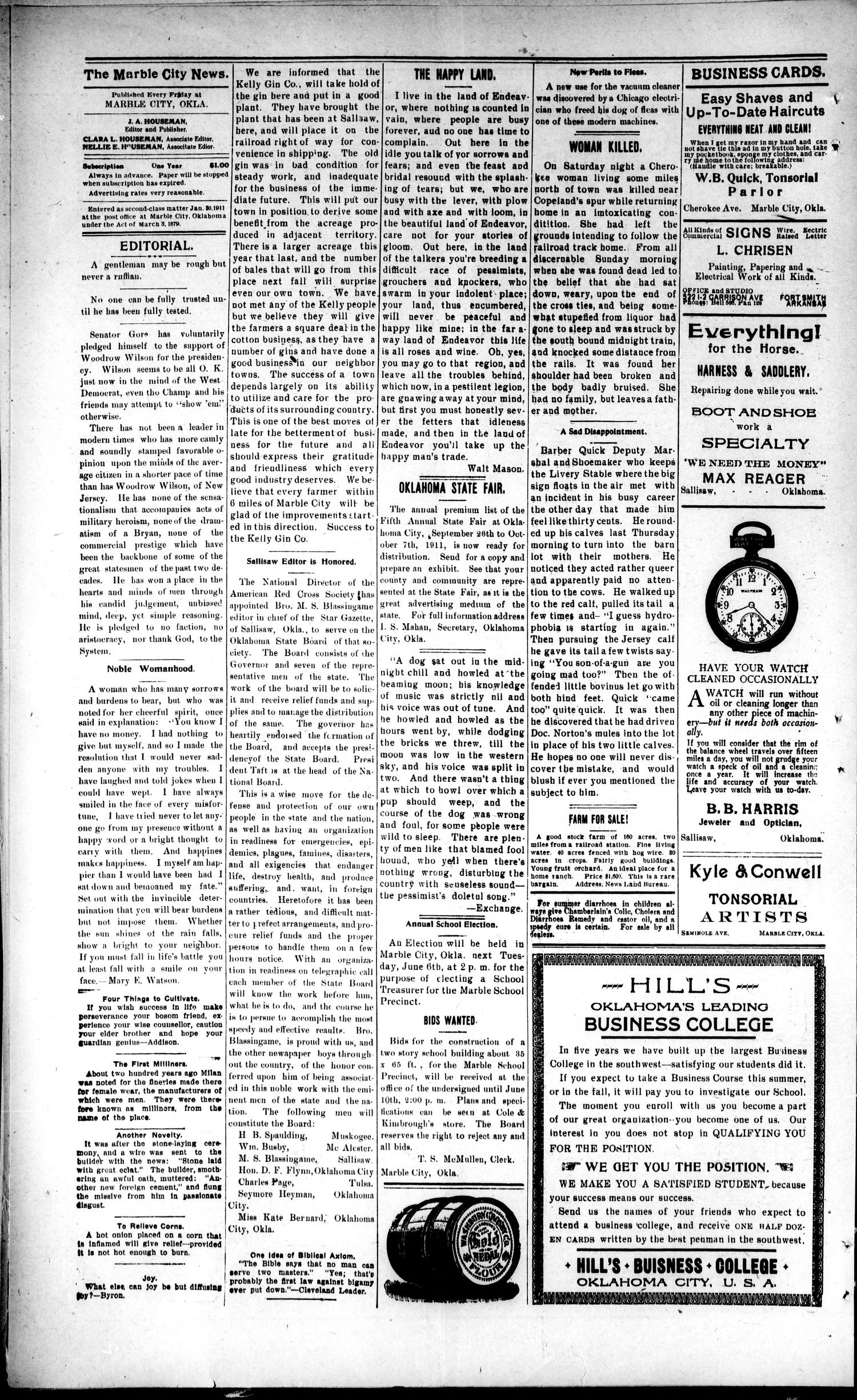 Marble City News (Marble City, Okla.), Vol. 1, No. 29, Ed. 1 Friday, June 2, 1911
                                                
                                                    [Sequence #]: 4 of 8
                                                