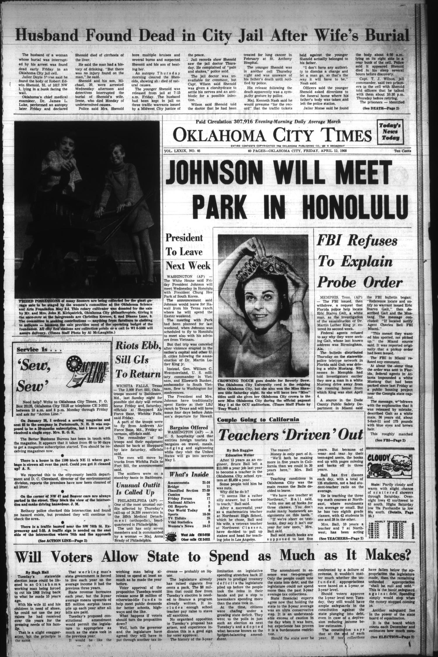 Oklahoma City Times (Oklahoma City, Okla.), Vol. 79, No. 46, Ed. 3 Friday, April 12, 1968
                                                
                                                    [Sequence #]: 1 of 11
                                                