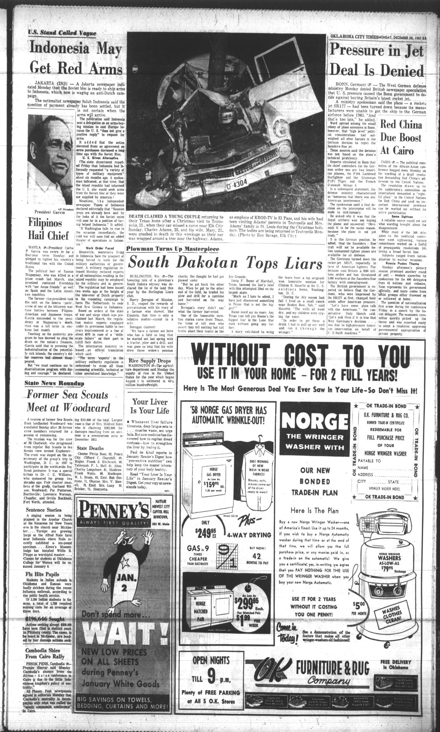 Oklahoma City Times (Oklahoma City, Okla.), Vol. 68, No. 278, Ed. 1 Monday, December 30, 1957
                                                
                                                    [Sequence #]: 11 of 20
                                                
