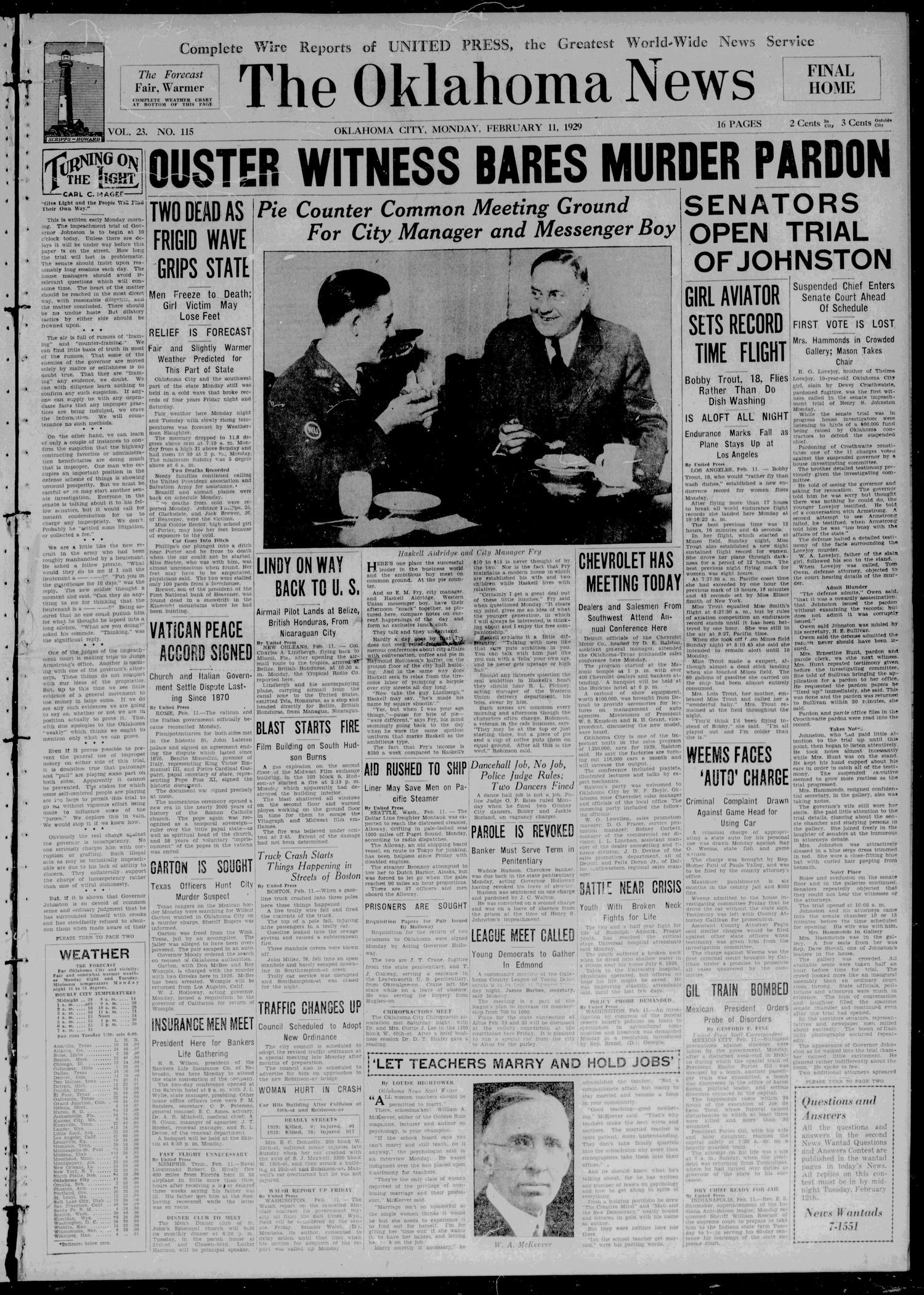 The Oklahoma News (Oklahoma City, Okla.), Vol. 23, No. 115, Ed. 1 Monday, February 11, 1929
                                                
                                                    [Sequence #]: 1 of 16
                                                