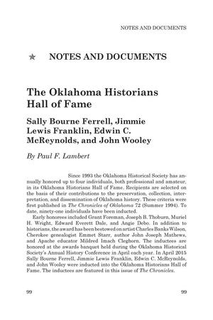 Notes and Documents, Chronicles of Oklahoma, Volume 93, Number 1, Spring 2015