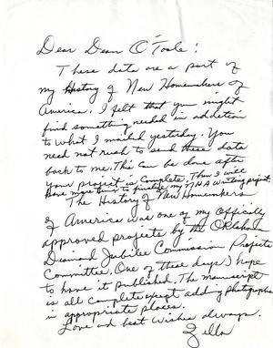Letter from Zella Patterson to Lela O'Toole regarding an information request