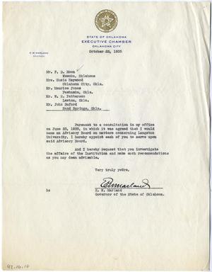Letter to F.D. Moon from E.W. Marland regarding an advisory committee for Langston University