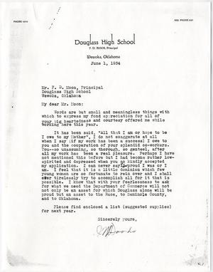 Primary view of object titled 'Letter to F.D. Moon from J. Woods regarding thanking Moon for a good experience working at Douglass High School'.
