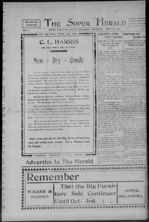 Primary view of object titled 'The Soper Herald (Soper, Okla.), Vol. 3, Ed. 1 Thursday, September 24, 1908'.