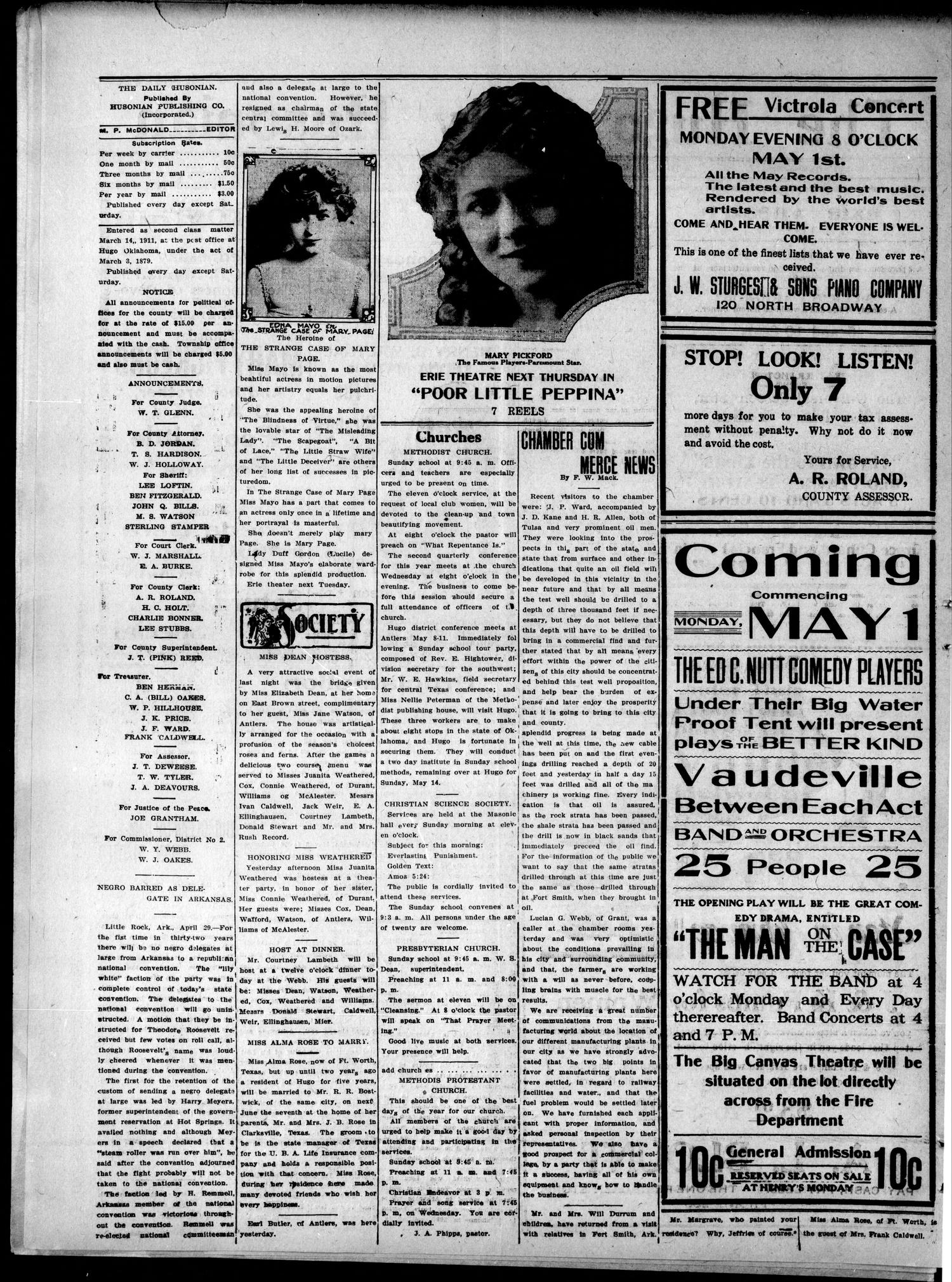 The Hugo Daily Husonian (Hugo, Okla.), Vol. 14, No. 116, Ed. 1 Sunday, April 30, 1916
                                                
                                                    [Sequence #]: 2 of 4
                                                