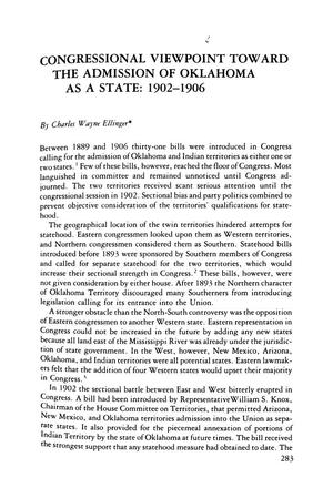 Congressional Viewpoint Toward the Admission of Oklahoma as a State: 1902-1906