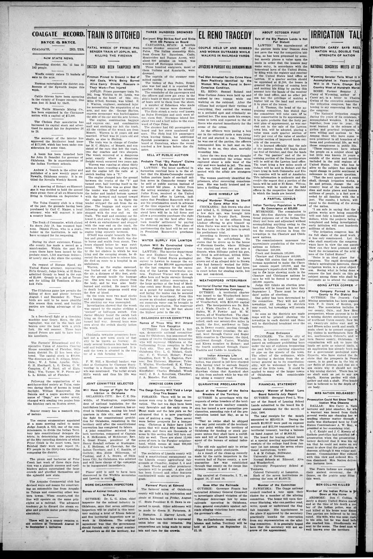 Coalgate Record. (Coalgate, Indian Terr.), Vol. 14, No. 18, Ed. 1 Thursday, August 9, 1906
                                                
                                                    [Sequence #]: 4 of 8
                                                