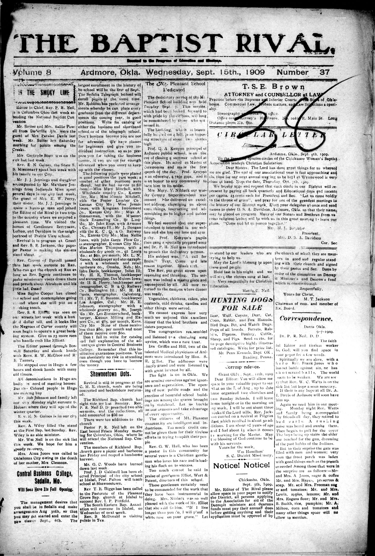 The Baptist Rival. (Ardmore, Okla.), Vol. 8, No. 37, Ed. 1 Wednesday, September 15, 1909
                                                
                                                    [Sequence #]: 1 of 4
                                                