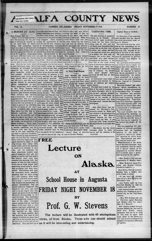 Primary view of object titled 'Alfalfa County News (Carmen, Okla.), Vol. 12, No. 47, Ed. 1 Friday, November 18, 1910'.