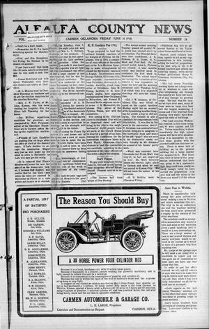Primary view of object titled 'Alfalfa County News (Carmen, Okla.), Vol. 12, No. 24, Ed. 1 Friday, June 10, 1910'.
