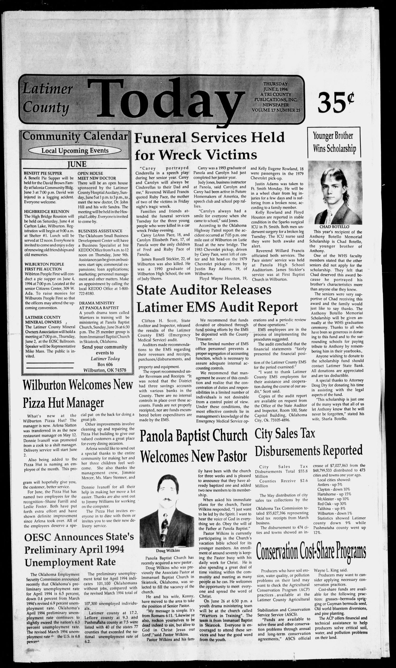 Latimer County Today (Wilburton, Okla.), Vol. 17, No. 25, Ed. 1 Thursday, June 2, 1994
                                                
                                                    [Sequence #]: 1 of 14
                                                