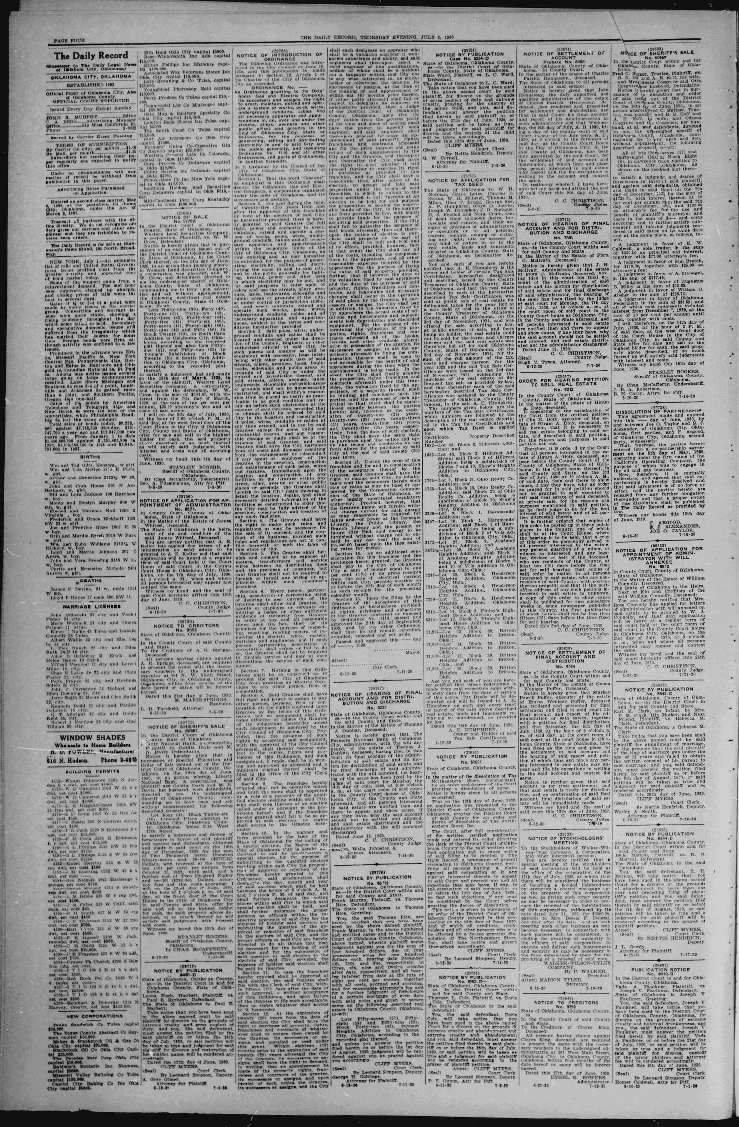 The Daily Record (Oklahoma City, Okla.), Vol. 27, No. 151, Ed. 1 Thursday, July 3, 1930
                                                
                                                    [Sequence #]: 4 of 8
                                                