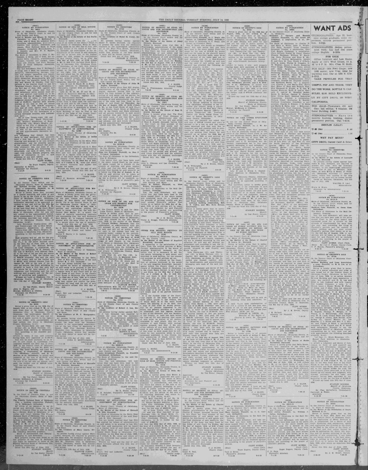 The Daily Record (Oklahoma City, Okla.), Vol. 33, No. 168, Ed. 1 Tuesday, July 14, 1936
                                                
                                                    [Sequence #]: 8 of 8
                                                
