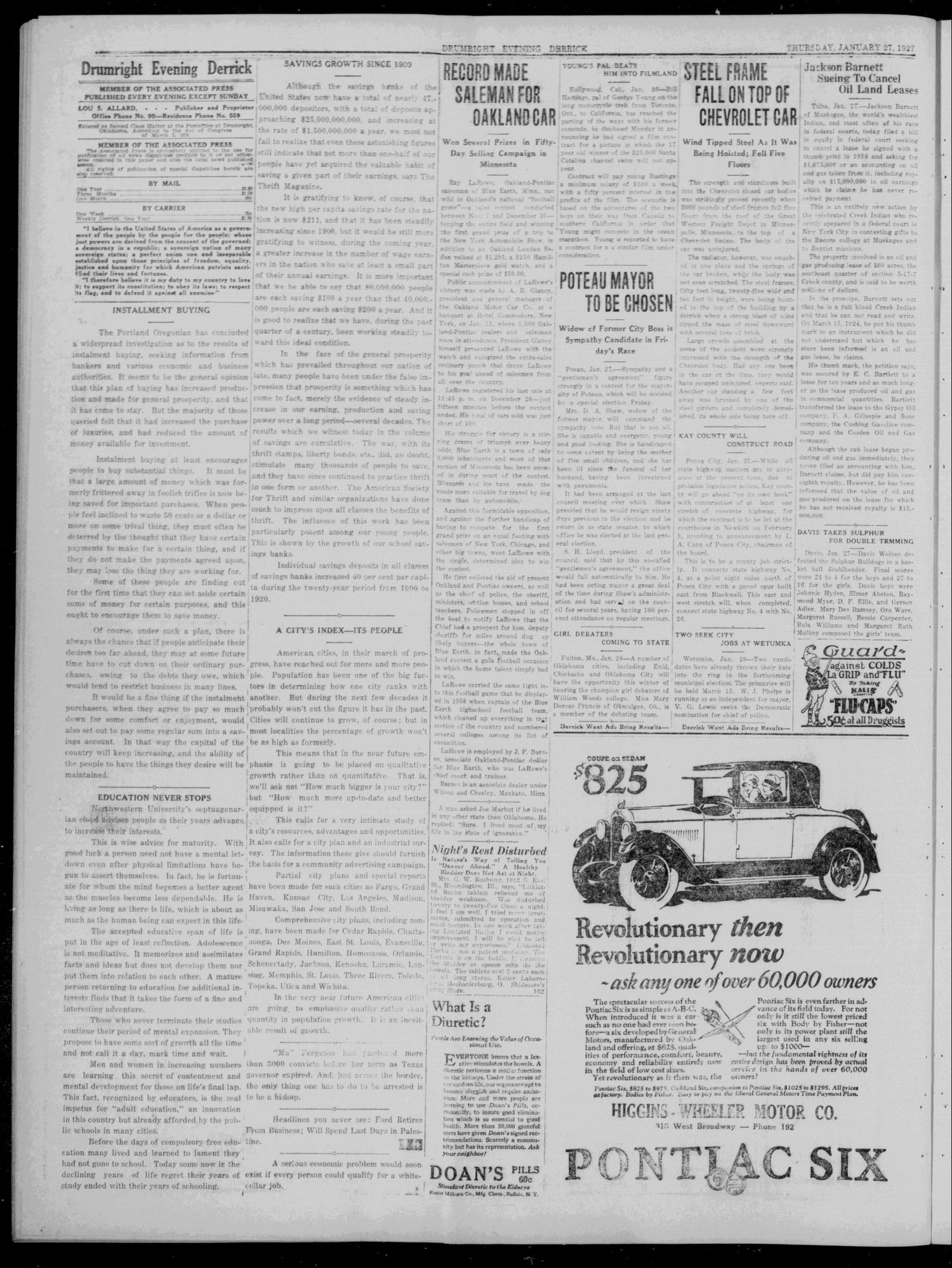 The Evening Derrick (Drumright, Okla.), Vol. 12, No. 205, Ed. 1 Thursday, January 27, 1927
                                                
                                                    [Sequence #]: 2 of 4
                                                