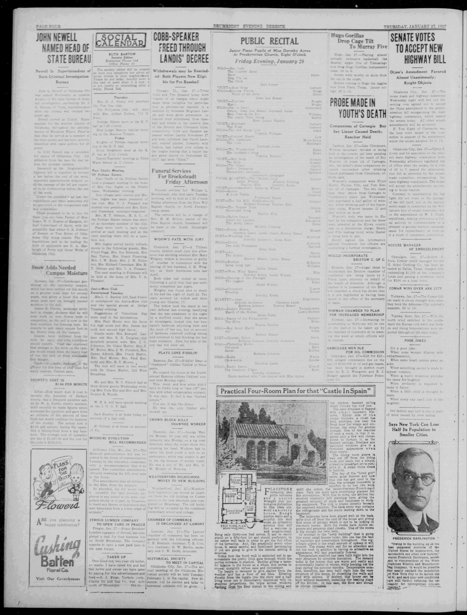 The Evening Derrick (Drumright, Okla.), Vol. 12, No. 205, Ed. 1 Thursday, January 27, 1927
                                                
                                                    [Sequence #]: 4 of 4
                                                