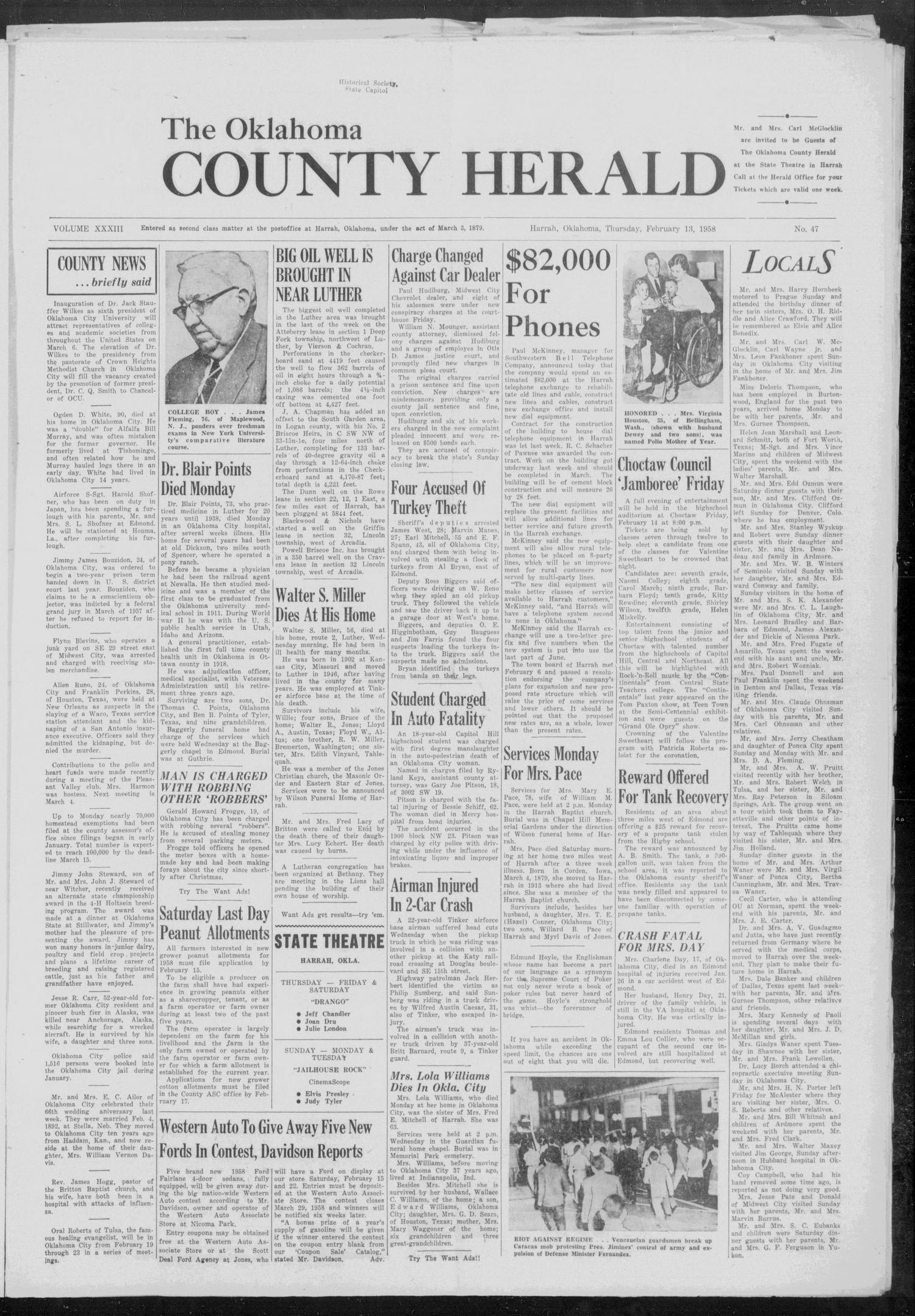 The Oklahoma County Herald (Harrah, Okla.), Vol. 33, No. 47, Ed. 1 Thursday, February 13, 1958
                                                
                                                    [Sequence #]: 1 of 4
                                                