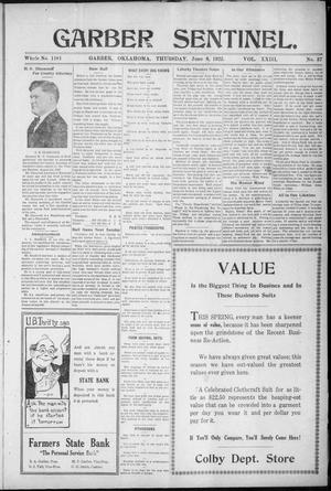 Garber Sentinel. (Garber, Okla.), Vol. 23, No. 37, Ed. 1 Thursday, June 8, 1922