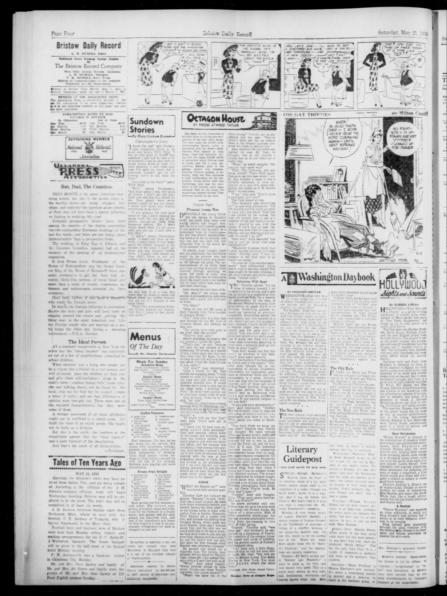 Bristow Daily Record (Bristow, Okla.), Vol. 18, No. 24, Ed. 1 Saturday, May 21, 1938
                                                
                                                    [Sequence #]: 4 of 6
                                                