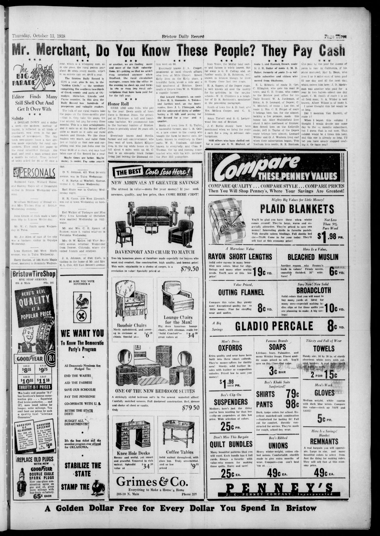 Bristow Daily Record (Bristow, Okla.), Vol. 18, No. 145, Ed. 1 Thursday, October 13, 1938
                                                
                                                    [Sequence #]: 3 of 8
                                                