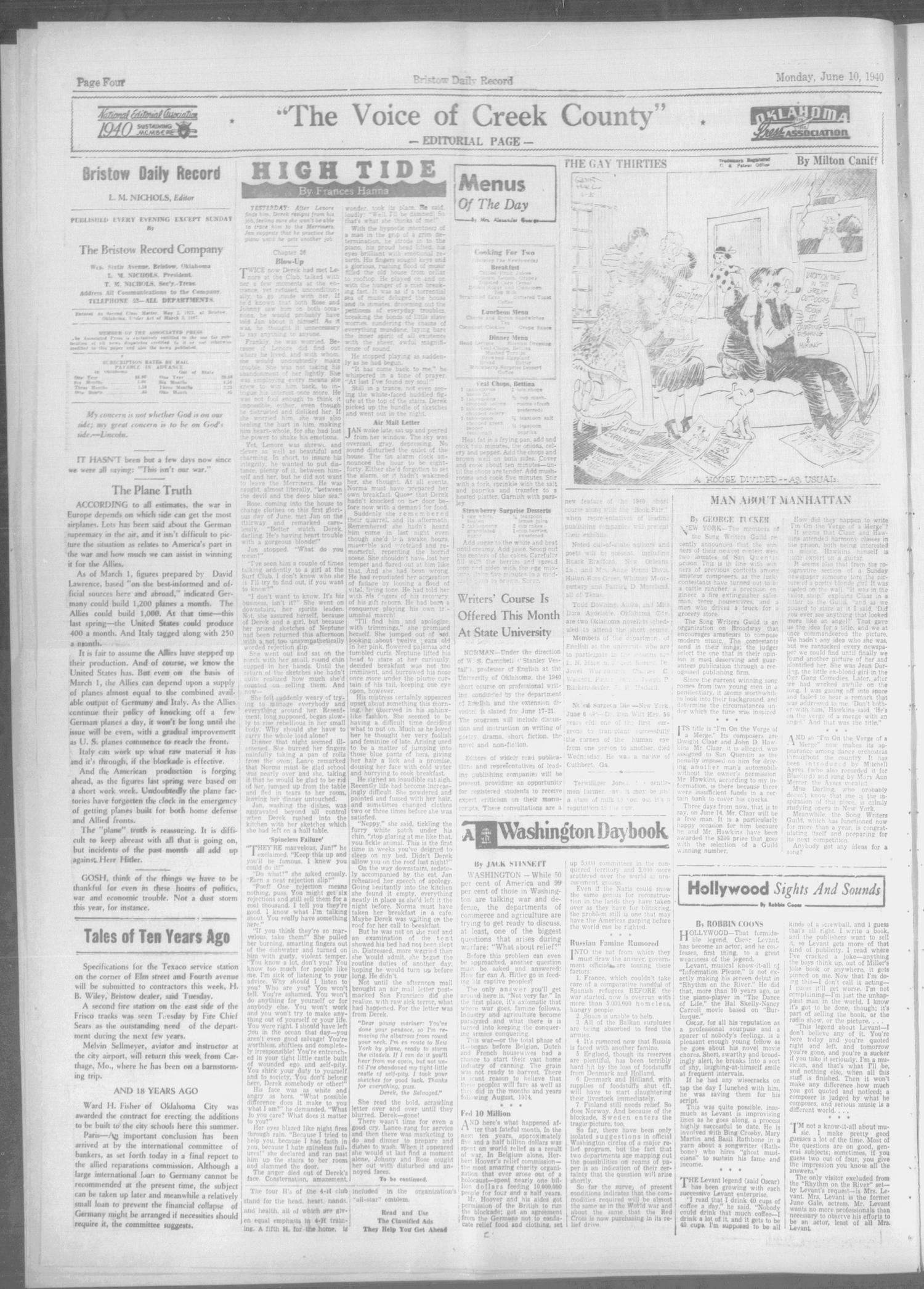 Bristow Daily Record (Bristow, Okla.), Vol. 19, No. 41, Ed. 1 Monday, June 10, 1940
                                                
                                                    [Sequence #]: 4 of 6
                                                