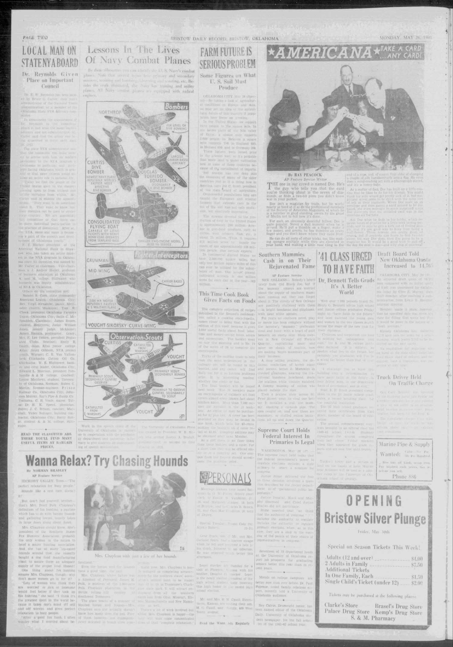 Bristow Daily Record (Bristow, Okla.), Vol. 20, No. 23, Ed. 1 Monday, May 26, 1941
                                                
                                                    [Sequence #]: 2 of 6
                                                
