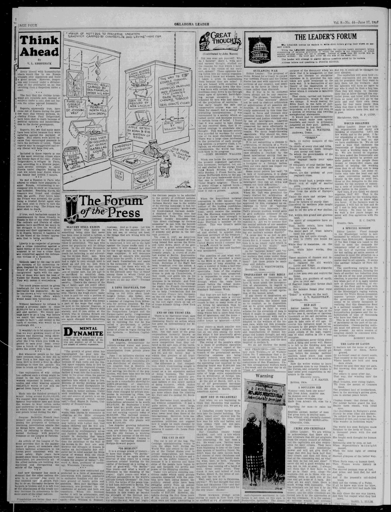 Oklahoma Leader (Oklahoma City, Okla.), Vol. 8, No. 44, Ed. 1 Friday, June 17, 1927
                                                
                                                    [Sequence #]: 4 of 8
                                                