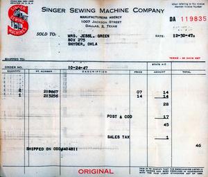 Receipt from Singer Sewing Machine Company for Mrs. Jess L. Green