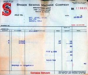 Receipt for Singer Sewing Machine Company for Mrs. Jess L. Green