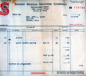 Mrs. Jess L. Green's Receipt from Singer Sewing Machine Company