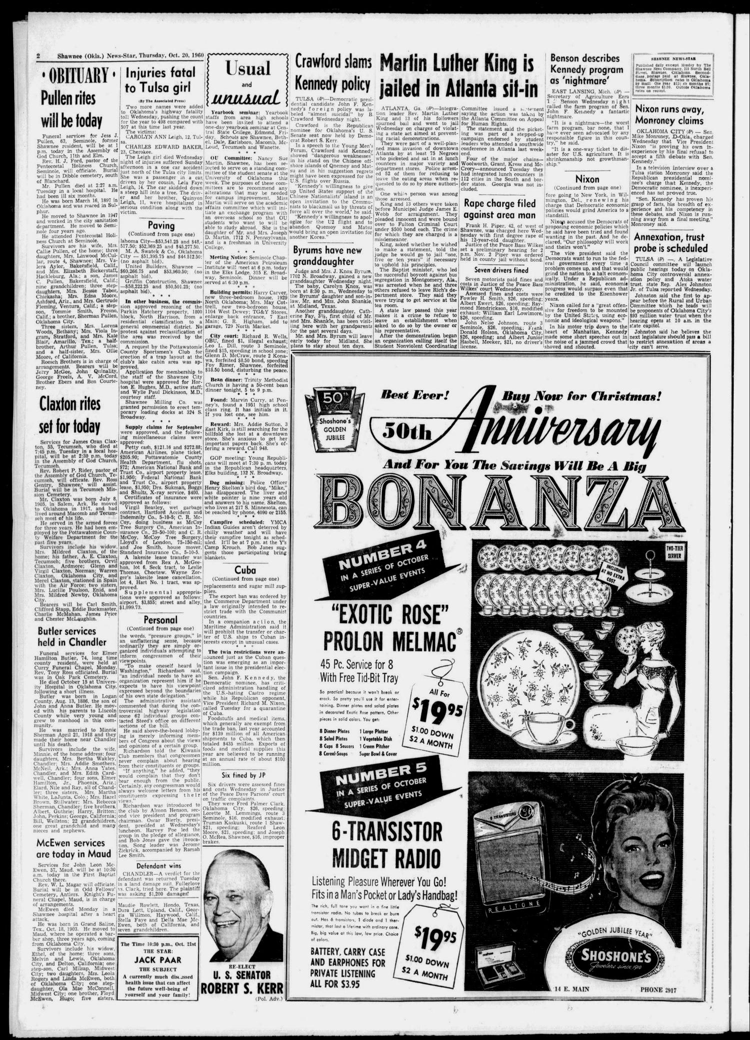 Shawnee News-Star (Shawnee, Okla.), Vol. 66, No. 159, Ed. 1 Thursday, October 20, 1960
                                                
                                                    [Sequence #]: 2 of 20
                                                