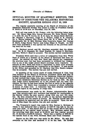 Primary view of object titled 'Official Minutes of Quarterly Meeting, the Board of Directors, the Oklahoma Historical Society, Quarter Ending, July 30, 1959'.