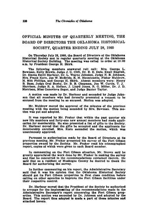 Official Minutes of Quarterly Meeting, the Board of Directors, the Oklahoma Historical Society, Quarter Ending, July 28, 1960