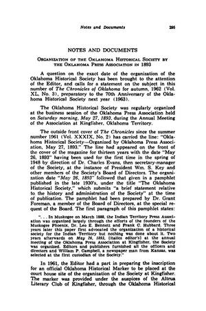 Notes and Documents, Chronicles of Oklahoma, Volume 40, Number 3, Fall 1962