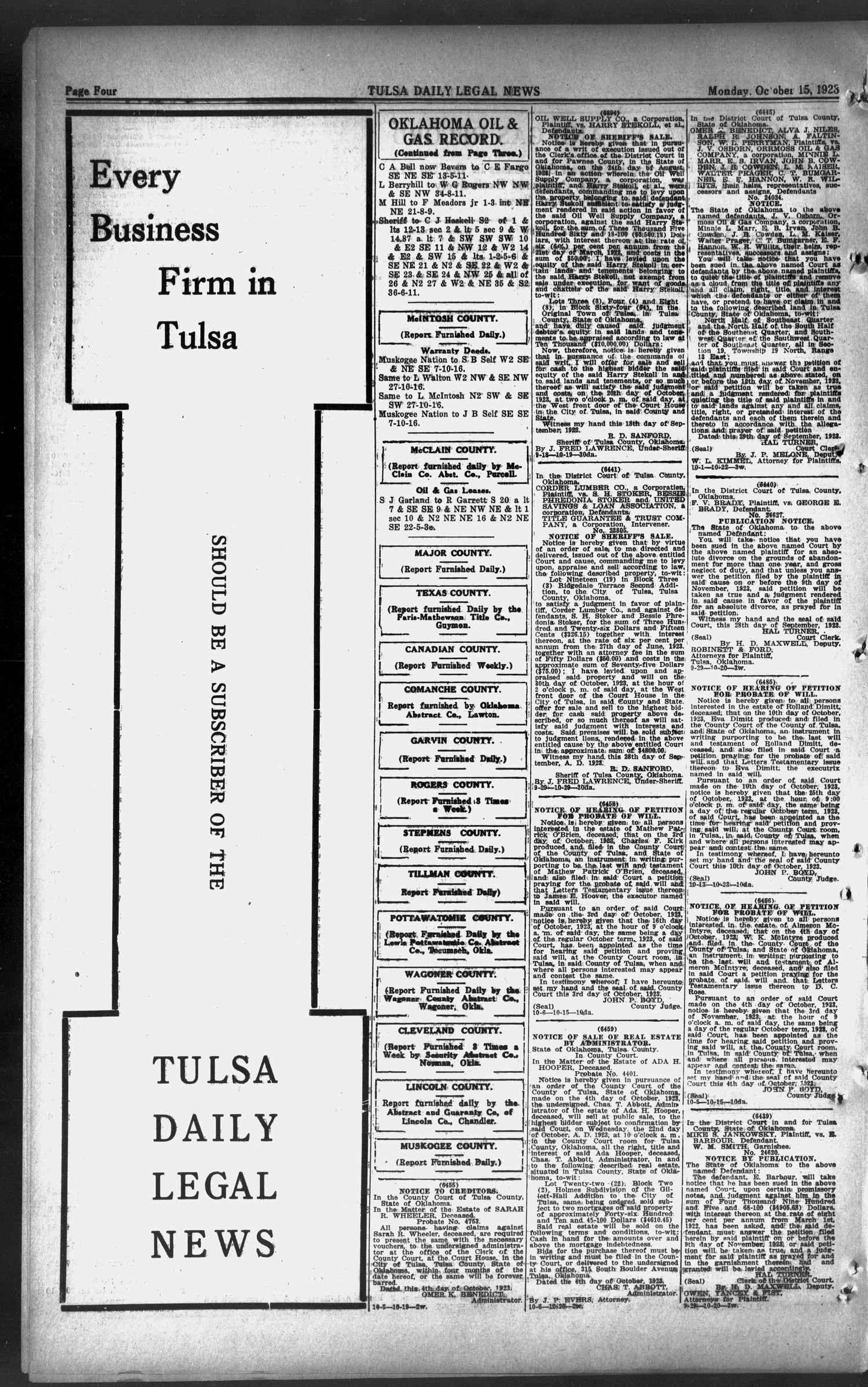 Tulsa Daily Legal News (Tulsa, Okla.), Vol. 24, No. 89, Ed. 1 Monday, October 15, 1923
                                                
                                                    [Sequence #]: 4 of 6
                                                
