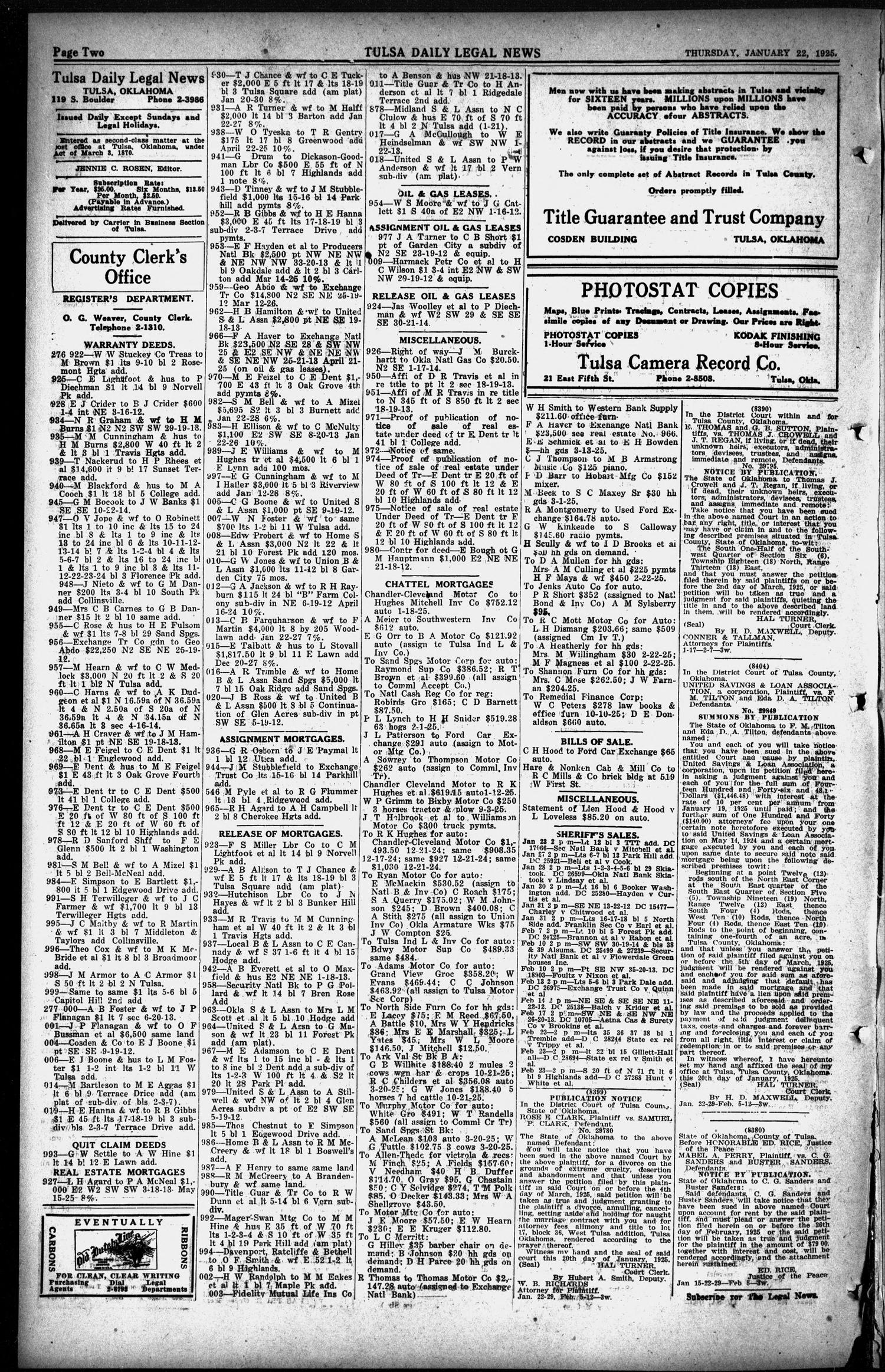 Tulsa Daily Legal News (Tulsa, Okla.), Vol. 27, No. 18, Ed. 1 Thursday, January 22, 1925
                                                
                                                    [Sequence #]: 2 of 6
                                                