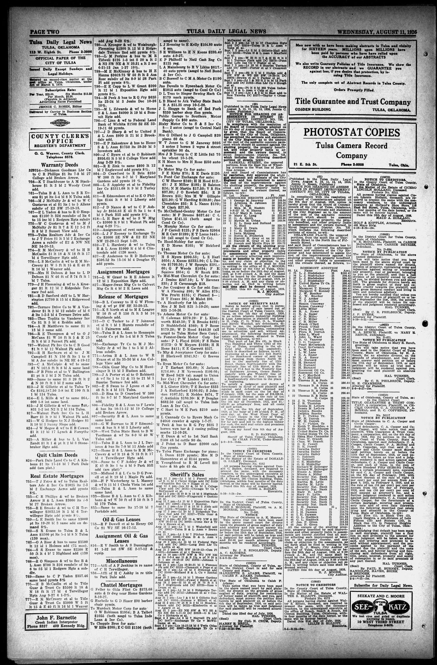 Tulsa Daily Legal News (Tulsa, Okla.), Vol. 30, No. 34, Ed. 1 Wednesday, August 11, 1926
                                                
                                                    [Sequence #]: 2 of 6
                                                